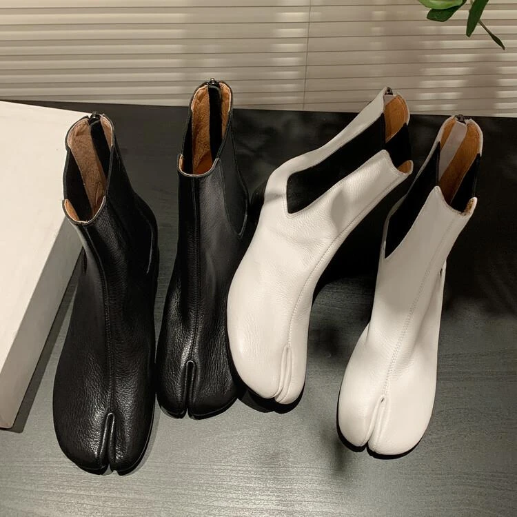 【万达撤柜】手工纯皮马蹄猪脚分趾靴女猪蹄鞋子真皮切尔西靴高跟短