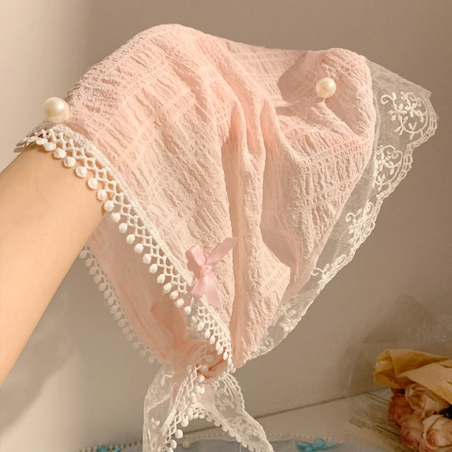 元气桃桃~粉色珍珠蕾丝三角巾头巾女包头法式田园风海边绑发发带