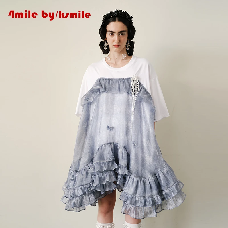 4MILE BY KSMILE | 海浪之声撞色拼接雾纱蝴蝶结蓬蓬裙短袖连衣裙