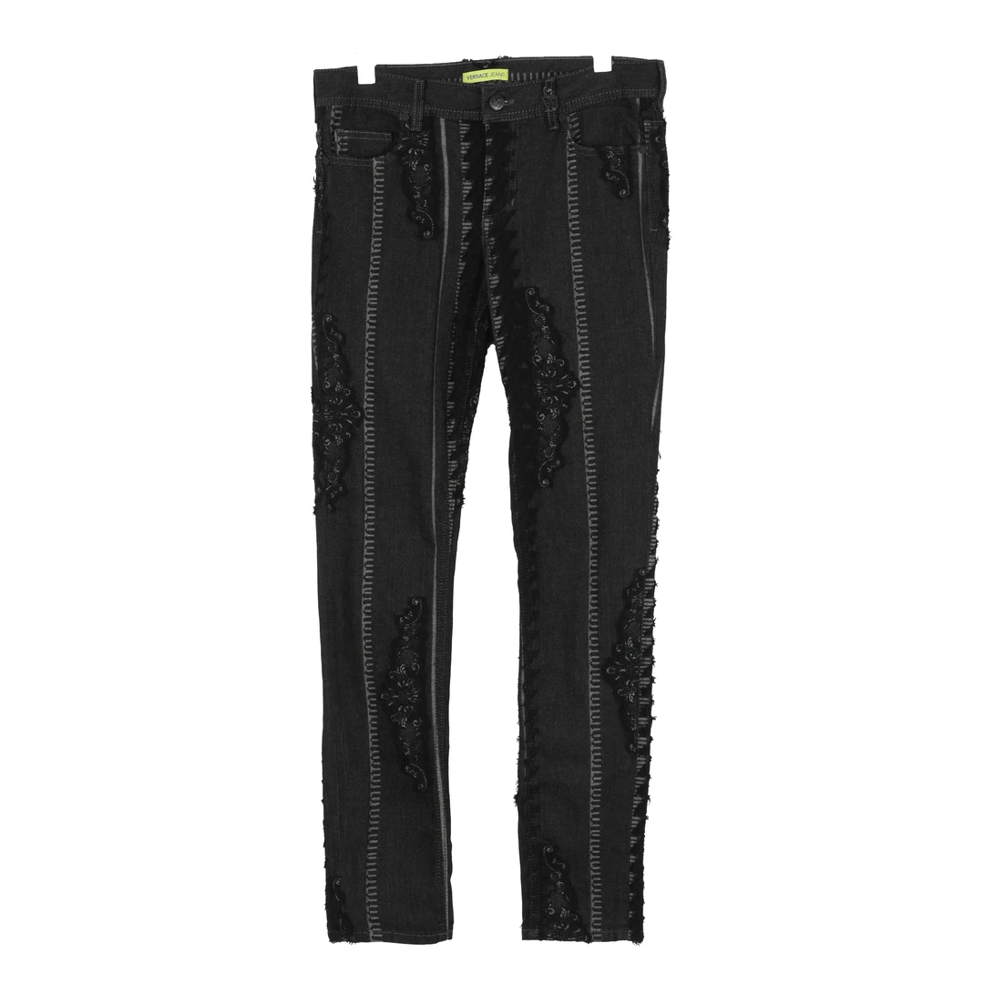 VERSACE JEANS范思哲 黑灰色毛边贴花女士牛仔裤 A1HSA0KBALC54