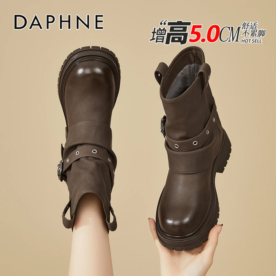 达芙妮英伦风厚底马丁靴女2025冬季爆款加绒短靴美拉德西部牛仔靴