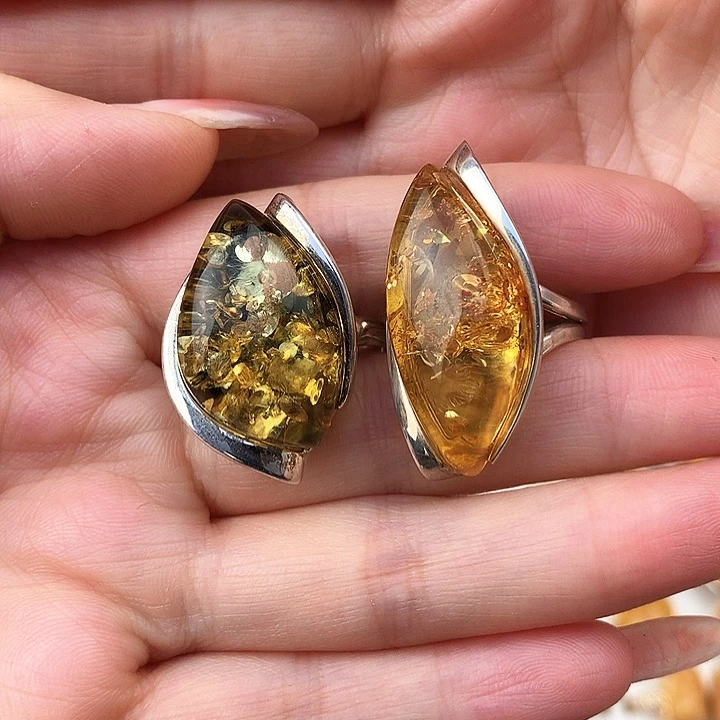 琥珀（花珀）戒指银S925镶嵌梅戒指