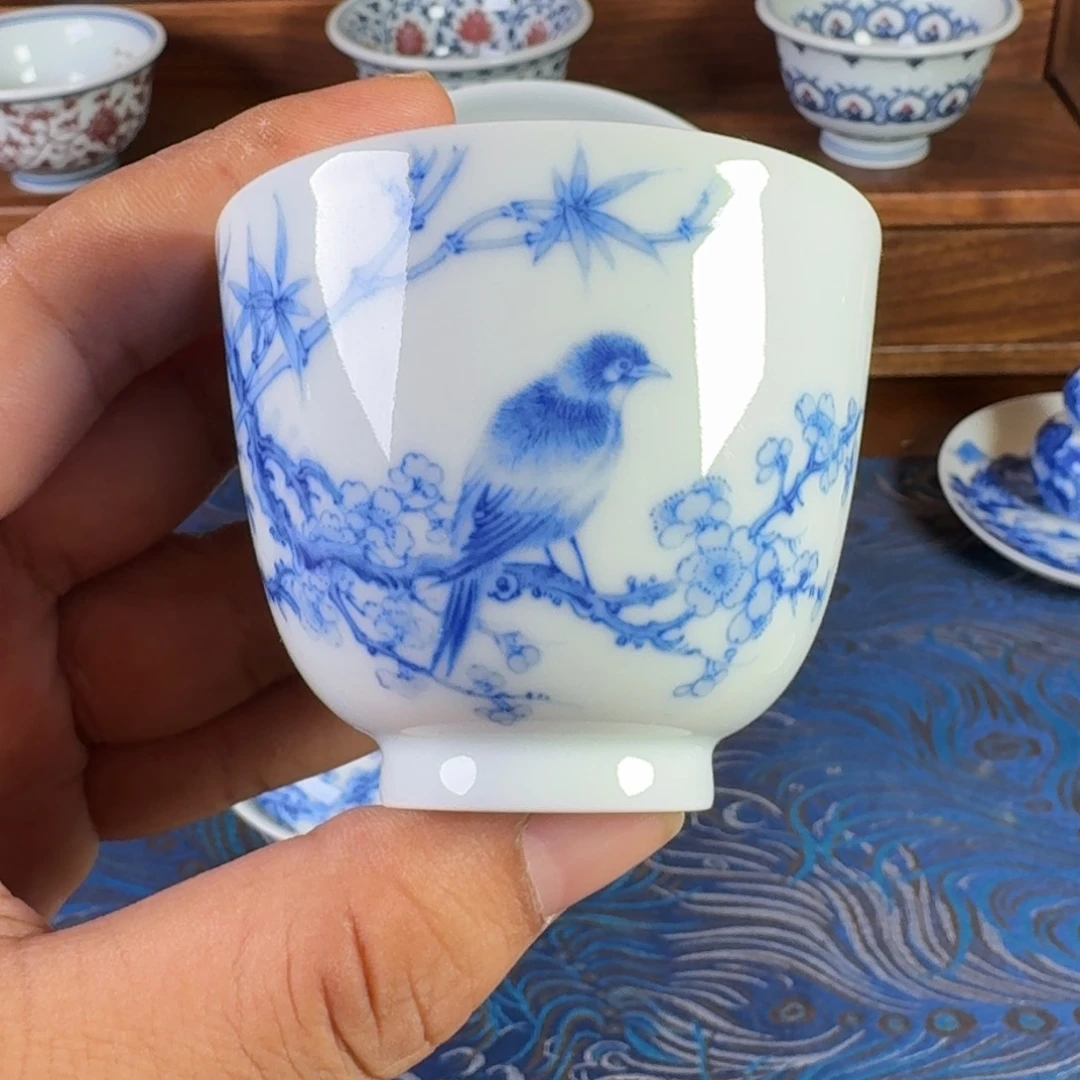 景德镇全手工手绘青花花鸟主人杯