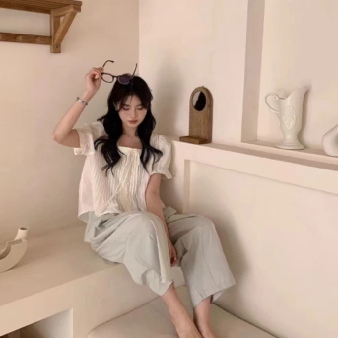 夏季纯棉衬衫蕾丝小香风显瘦气质白色时尚休闲法式甜美温柔褶皱