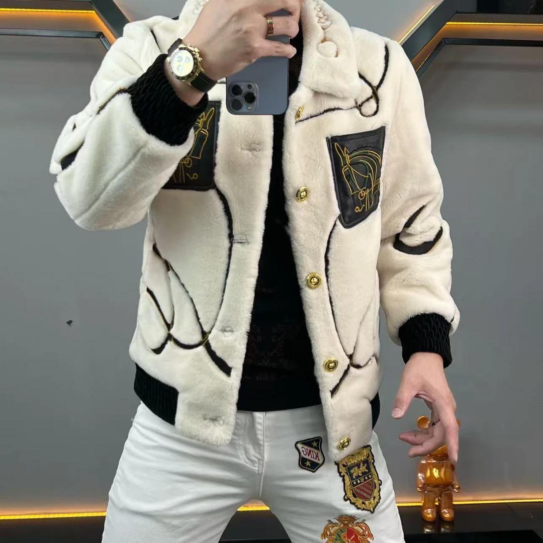 【轻奢高级】冬季羊剪绒外套保暖刺绣短款加厚貂绒夹克男士百搭上衣