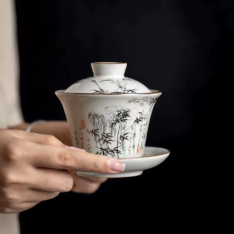 墨竹汝窑三才盖碗防烫悬停茶碗家用功夫茶具G016