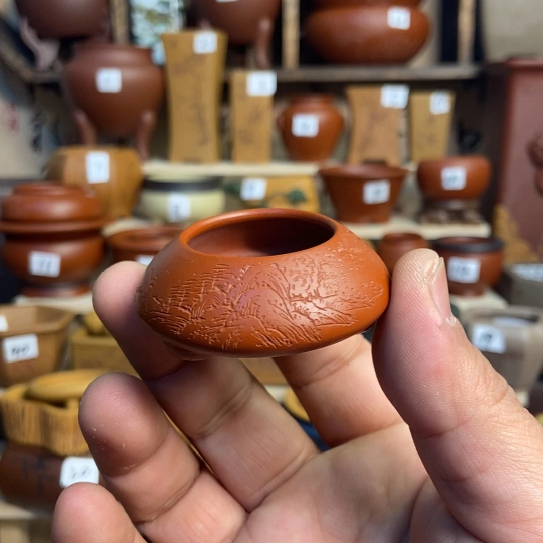 紫砂花盆孙伟手拉胚带刻绘，内口经尺寸3×1.5