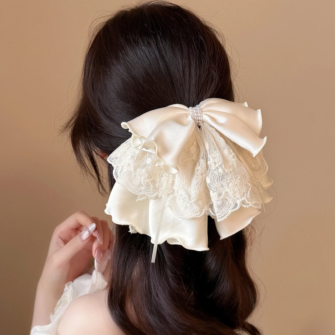复古精致蕾丝刺绣缎面蝴蝶结马尾夹2025新款法式温柔气质甜美发夹