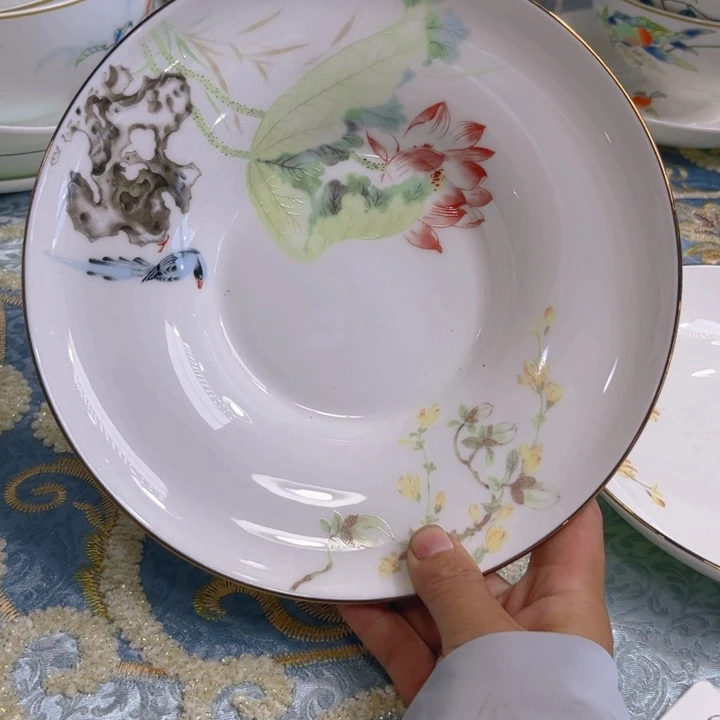 瓷片花神八寸草帽深盘四个