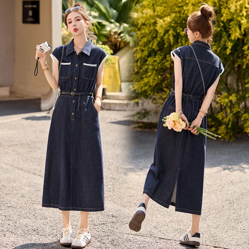 蕾丝拼接复古牛仔连衣裙女2025夏季新款小众时尚气质修身显瘦裙子