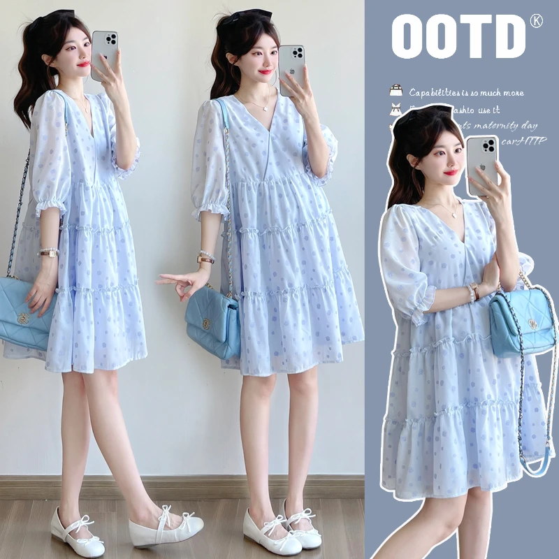 孕妇连衣裙夏短袖薄款蓝色小个子V领高品质时尚泡泡袖2025新款女
