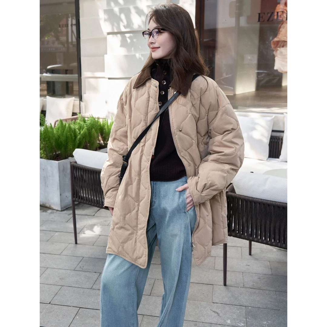 CKOUCCOO/扣蔻文咏珊同款巴恩风90白鸭绒羽绒服女秋冬灯芯绒外套