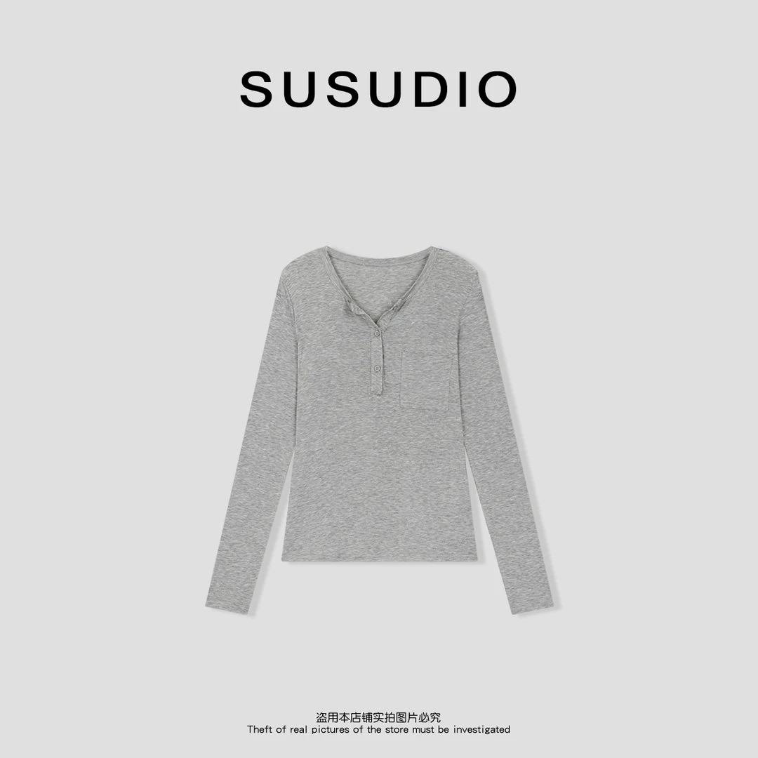 SUSUDIO 莱赛尔  正肩V领长袖设计感小众修身显瘦T恤 10467