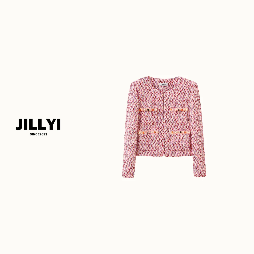 JILLYI南山店【微醺朗姆】玫红色圆领气质波纹时尚街头休闲百搭外套
