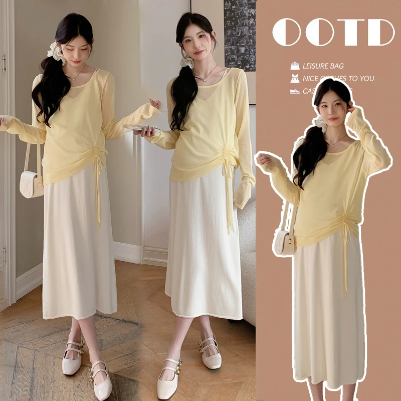 2025孕妇夏装冰丝吊带裙罩衫两件套针织孕妇连衣裙套装