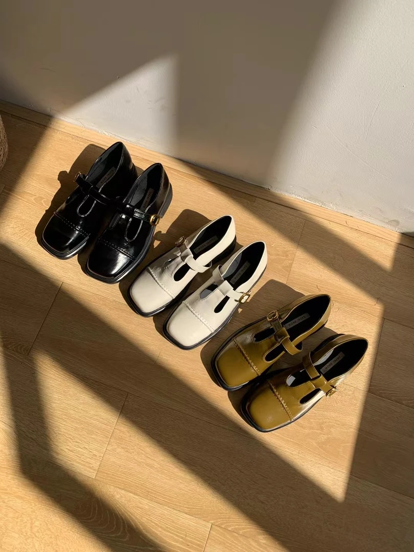 M255粗跟方头丁字扣带单鞋2025春夏新款日系女鞋百搭复古小皮鞋