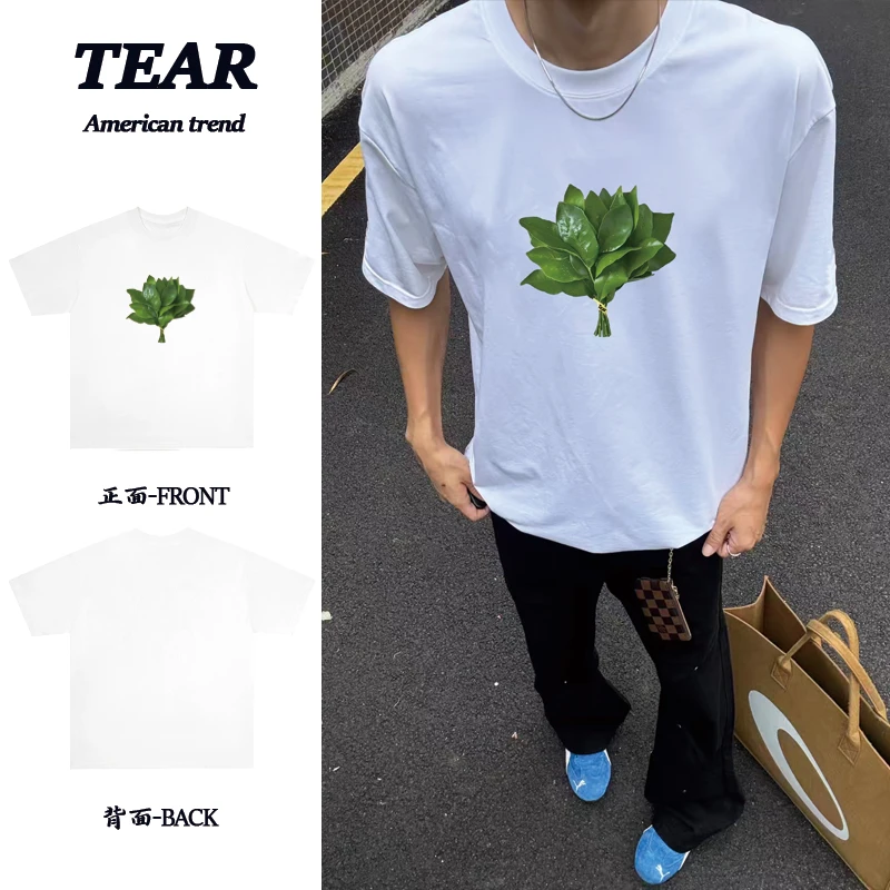 露思柚子叶趣味印花重磅纯棉短袖T恤宽松百搭ootd穿搭男女同款