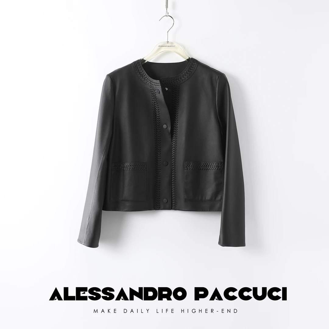 AP洛哥20989X【织蕴】绵羊皮编织圆领设计感黑色休闲时尚女士外套