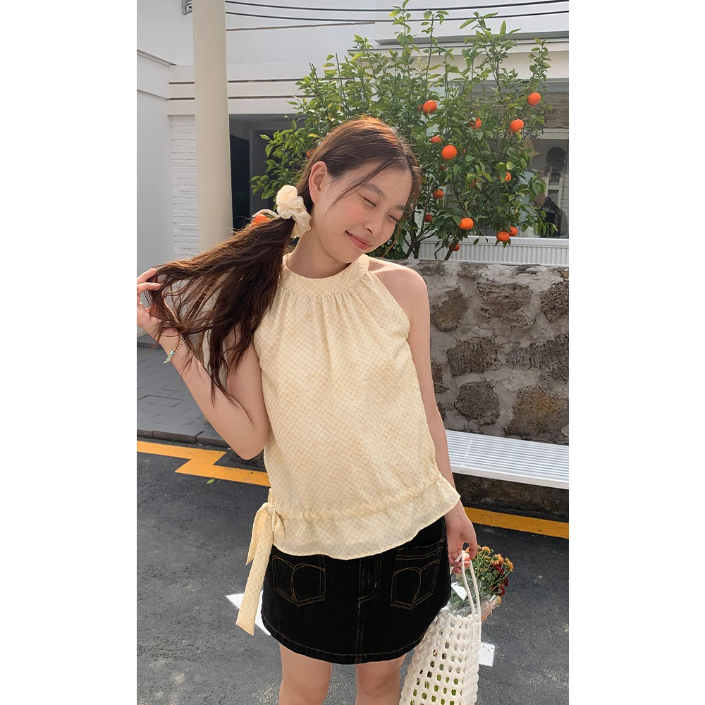 银河汽水 夏季甜美挂脖上衣外穿肌理吊带背心女