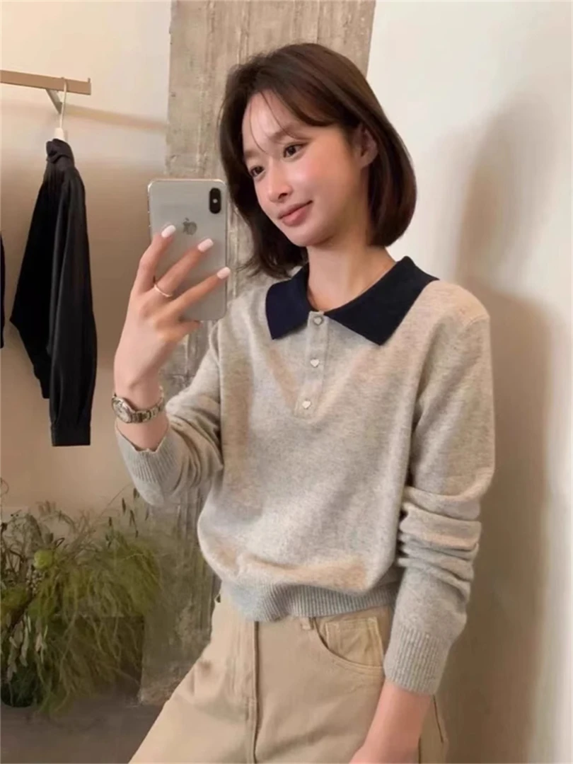 秋季韩系穿搭灰色polo领针织衫女宽松慵懒风外穿小个子套头毛衣