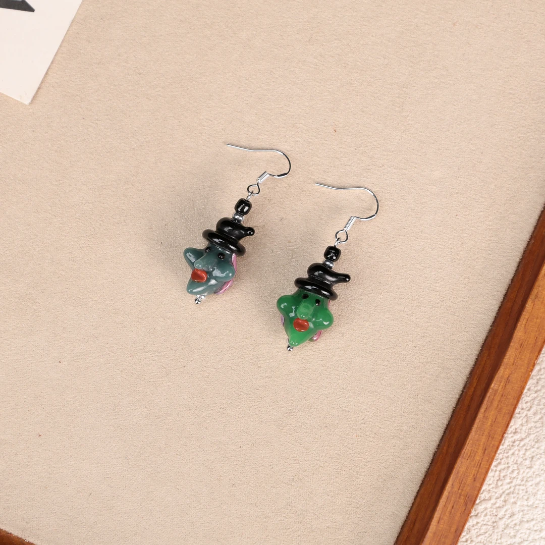 合金玻璃耳饰 LZ5033绿灰人脸AB款琉璃耳环