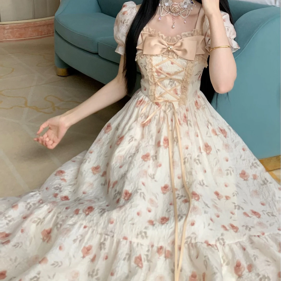 Blovelan浮光画夏 甜美减龄少女感印花高腰蝴蝶结碎花连衣裙夏季