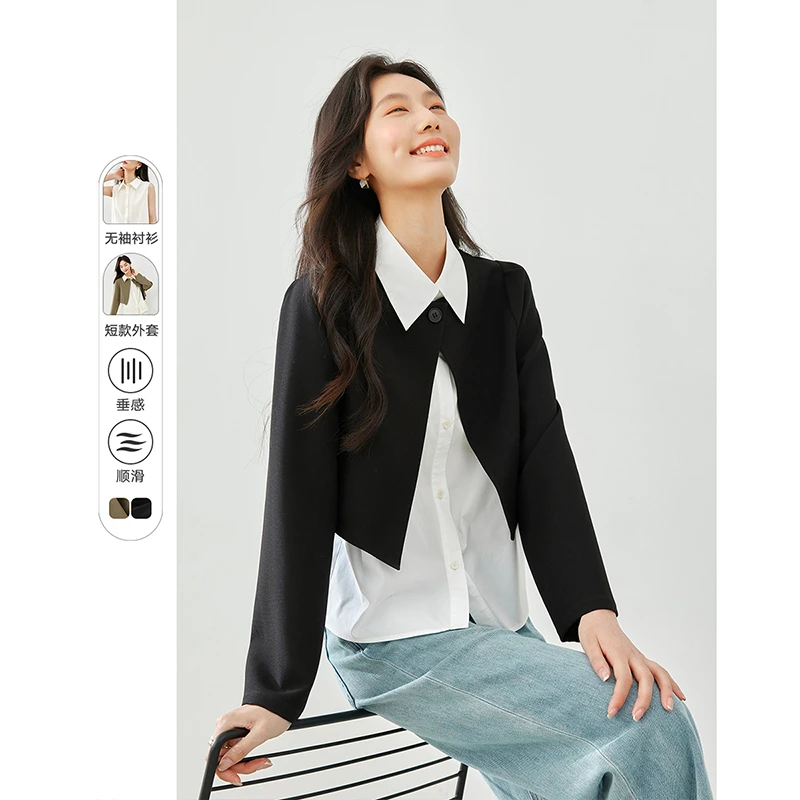 梵希蔓秋季套装搭配女新款小个子短款外套+衬衫背心两件套M5009