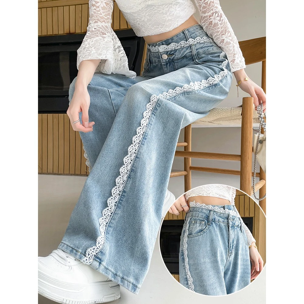 夏季花边牛仔裤女2025年春装设计感蕾丝拼接甜辣小个子直筒阔腿裤