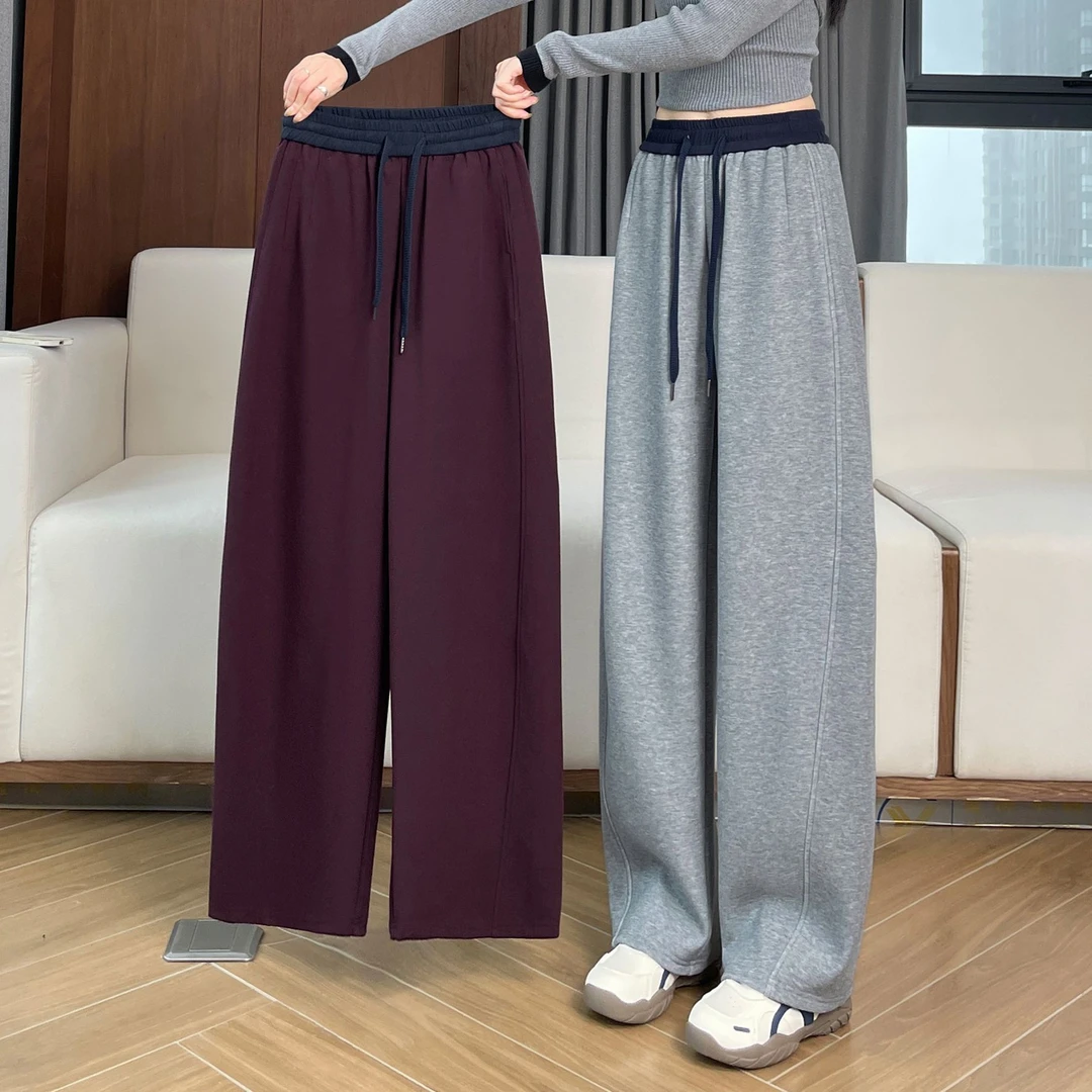 加绒弯刀阔腿裤女秋冬加厚保暖裤子冬季休闲运动镰刀香蕉直筒卫裤