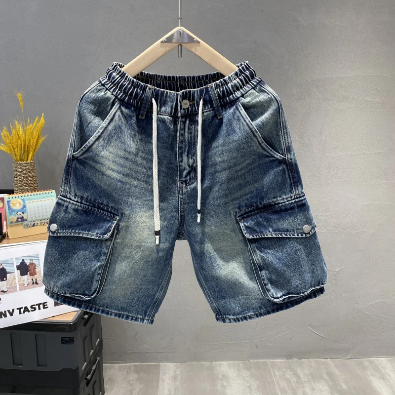 美式工装复古宽松牛仔短裤男潮牌夏季大兜设计松紧腰抽绳五分裤潮