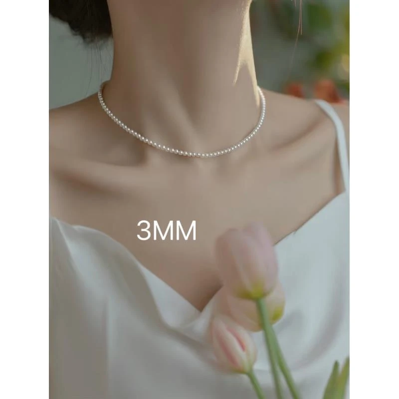 （送耳钉一对）3MM正圆精致小米珠{项链} 米白