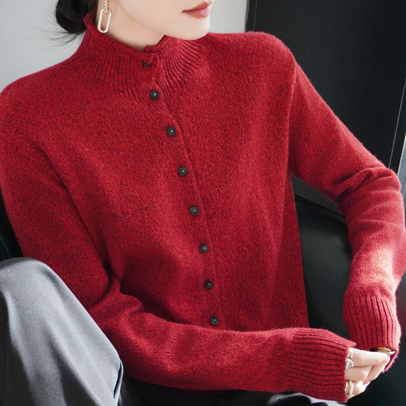 秋冬新款纯花纱羊毛开衫女半高领针织时髦外套流行红色上衣毛衫