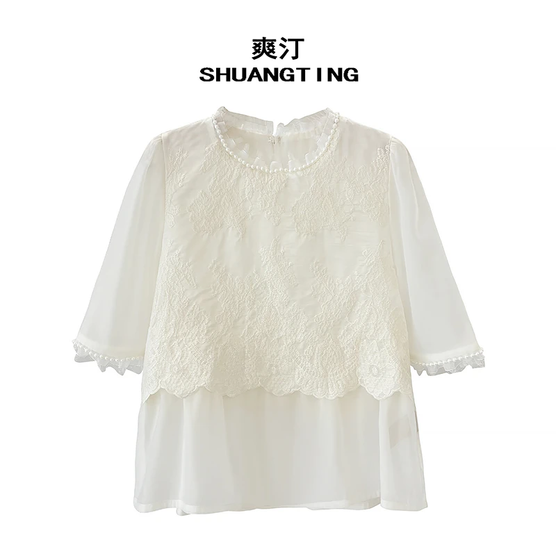 Jokara/丘可儿【绮梦织语】中式宽松提花钉珠衬衫气质假两件衬衣春