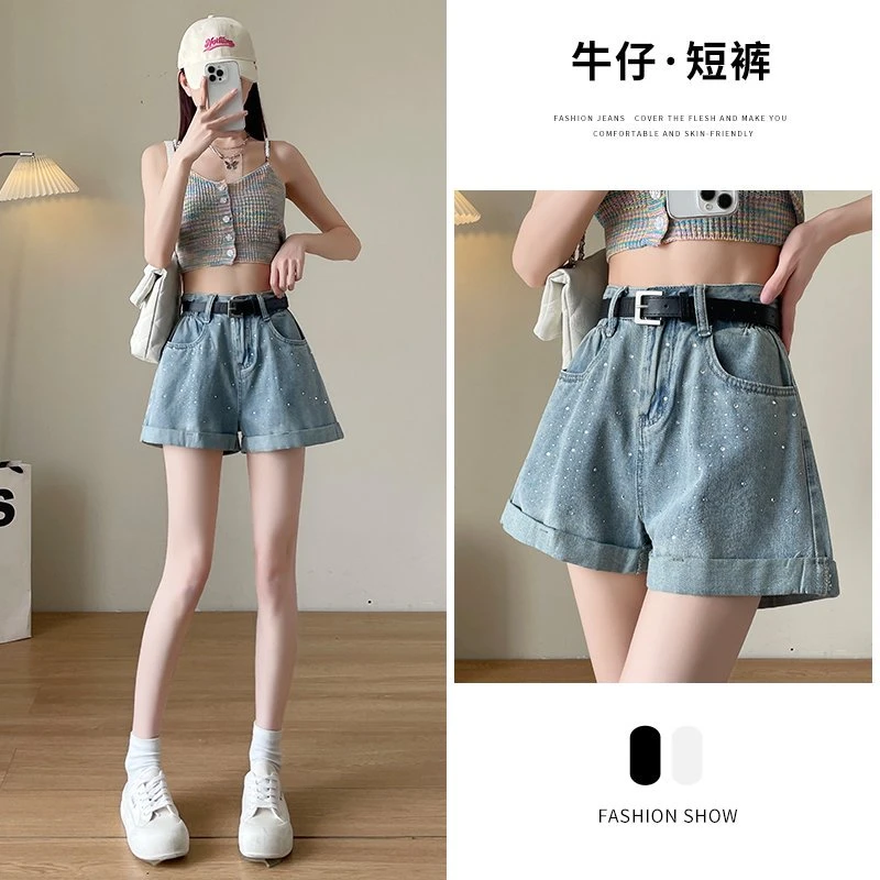 牛仔短裤女夏季薄款2025年新款烫钻辣妹设计感宽松爆款短裤子