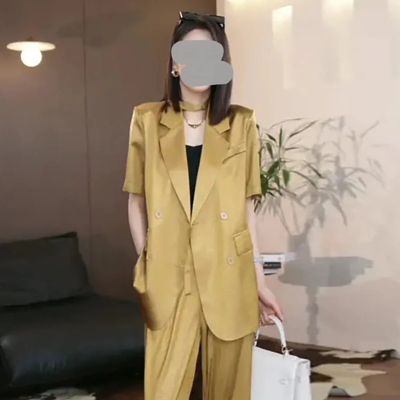 高级感时尚西装套装女短袖外套2025夏季新女士夏季垂感阔腿两件套
