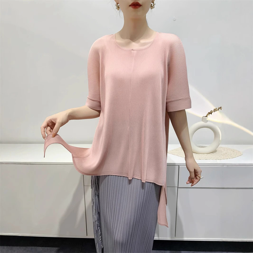2025夏季褶皱上衣女舒适休闲开叉宽松T恤圆领小众设计感跨境