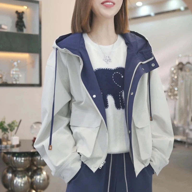 工装复古风连帽卫衣外套女2025春秋新款小个子拼色慵懒风运动开衫