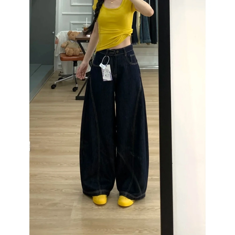 美式水洗做旧立体高个子廓形牛仔裤女秋季宽松阔腿垂感拖地长裤子