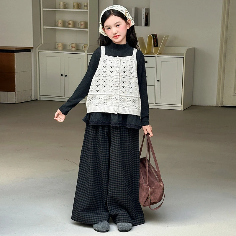 女童春秋款毛衣马甲打底衫套装2025新款女大童秋装格子阔腿裤