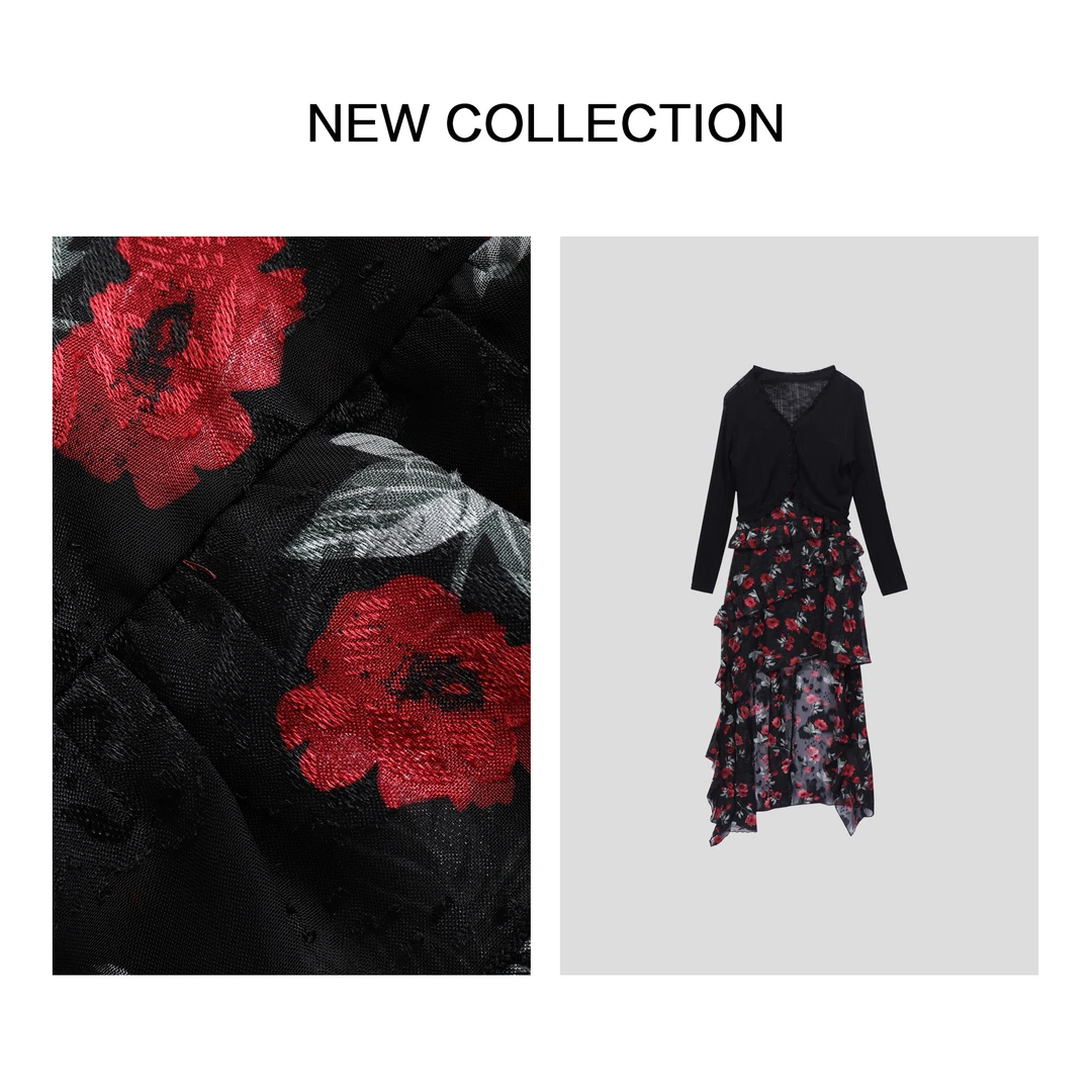 【诗语专属】深红玫瑰印花长袖雪纺连衣裙L1F38053