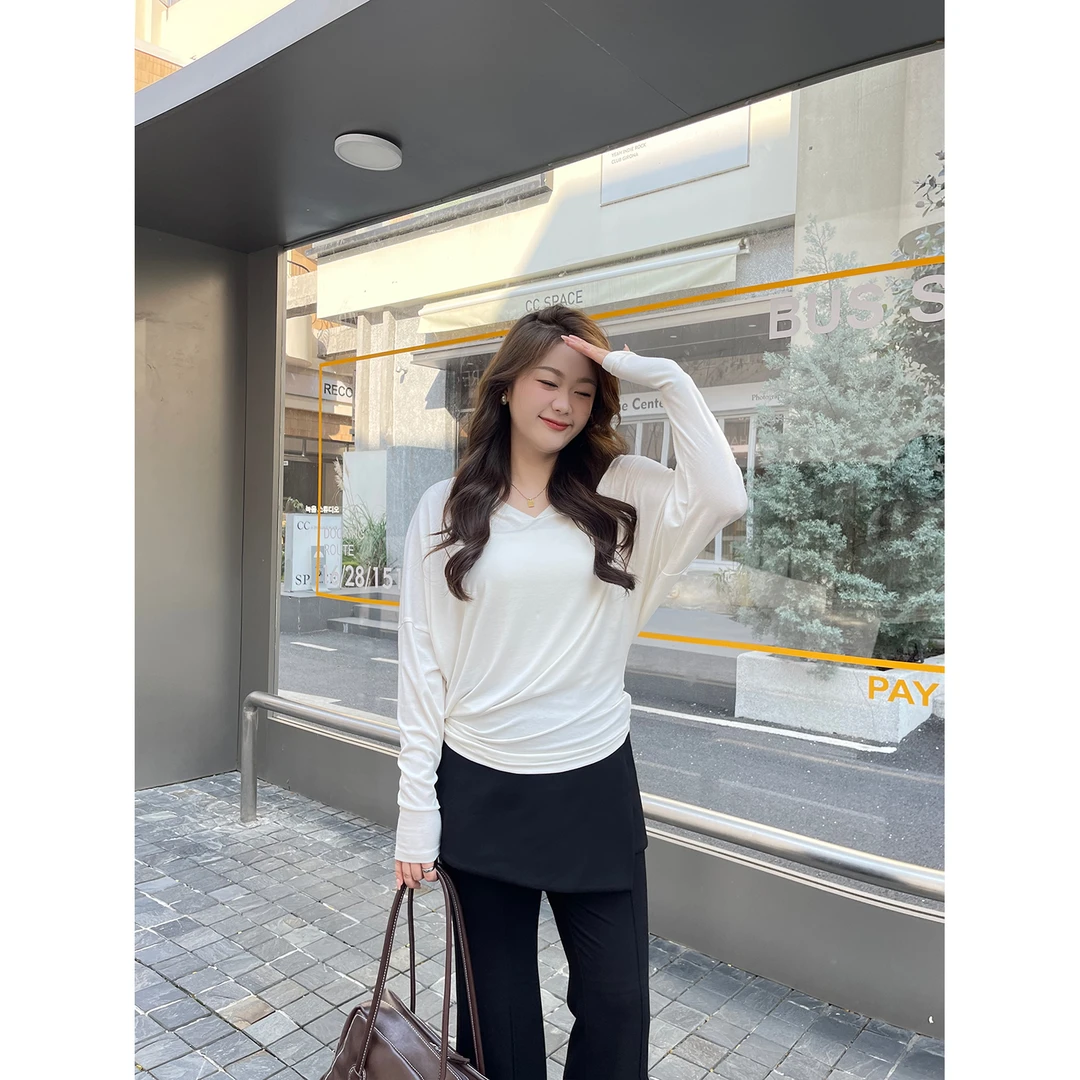 QC宣宣【白玫瑰】微胖大码女春夏气质百搭显瘦蝙蝠袖T恤ZY503A58