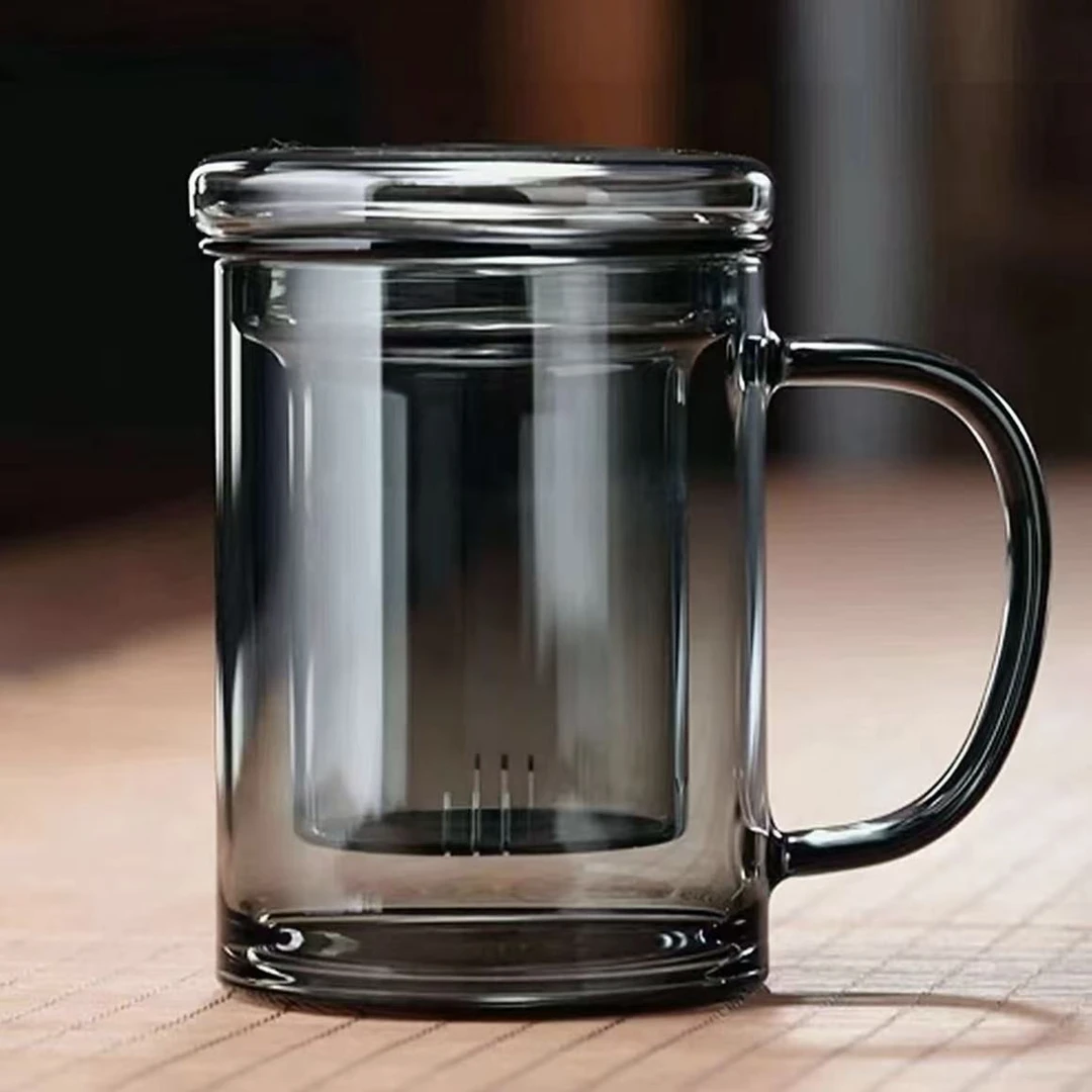 茶杯-泡茶透明烧制家用无色透明玻璃双层耐热内胆带盖便携办公杯