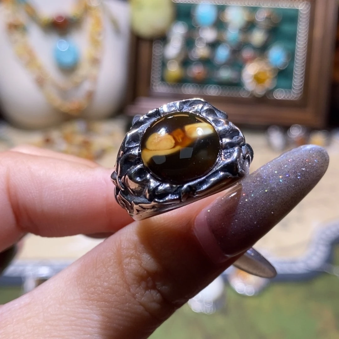 琥珀银S925镶嵌戒指戒指