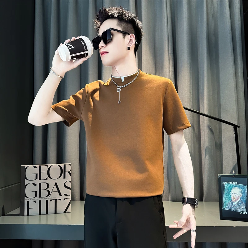 男士短袖t恤夏季薄款2025新款高级感潮牌痞帅男装小高领半袖上衣