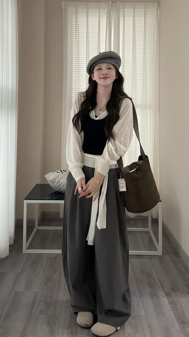 小个子韩版套装女叠穿吊带长袖上衣轻熟小众不撞款套装新款休闲裤