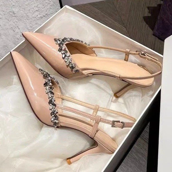 2025年春夏新款温柔尖头水钻一字带高跟鞋包头凉鞋女后空浅口单鞋