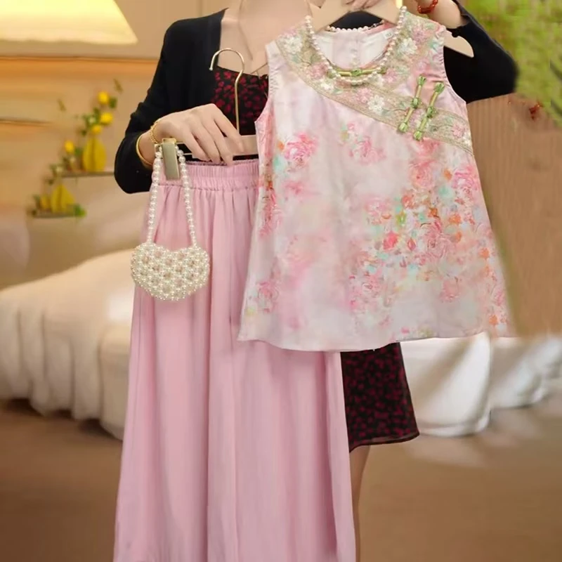 【粉色海棠】女童装汉服套装夏装2025新款儿童新中式两件套小女孩