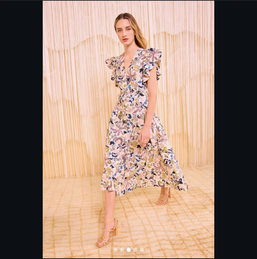 Soyinkala 新款V领印花荷叶花卉棉府绸连衣裙