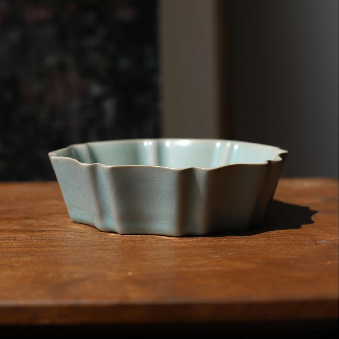 汝窑天青釉葵花式洗开片可养茶具陶瓷家用茶杯中式茶道天青色菊瓣