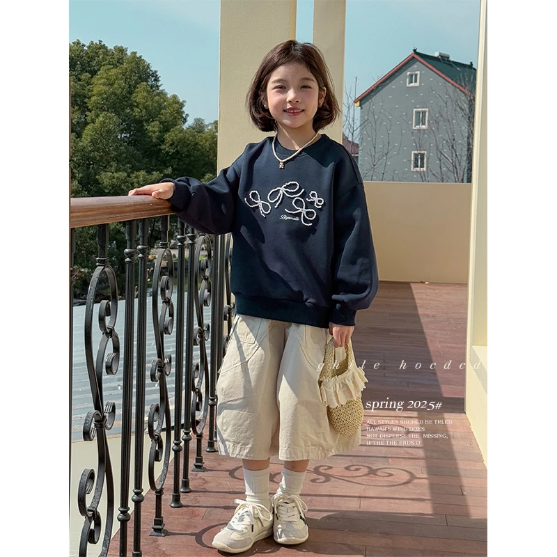 咸蛋小虾米童装2025年春装新款韩国女童立体珍珠蝴蝶结卫衣